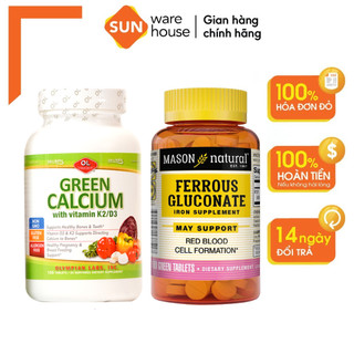 Combo Vitamin Cho Bà Bầu Bổ Sung Canxi Hữu Cơ Olympian Labs Green Calcium Và  Sắt MASON NATURAL Ferrouse Gluconate