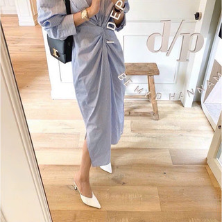 ĐẦM SƠ MI SỌC XOẮN EO