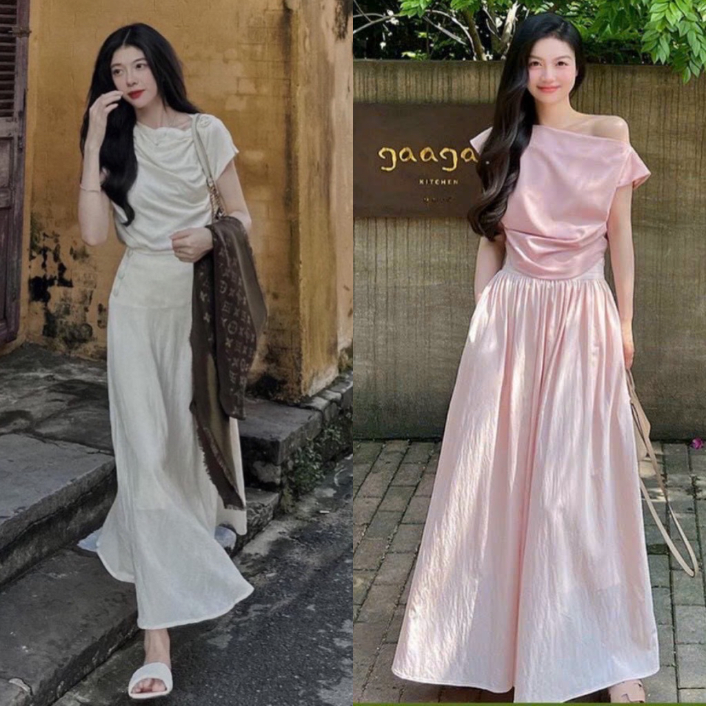 SET ÁO LỆCH VAI KÈM CHÂN VÁY MIDI (KÈM VIDEO HÌNH THẬT)