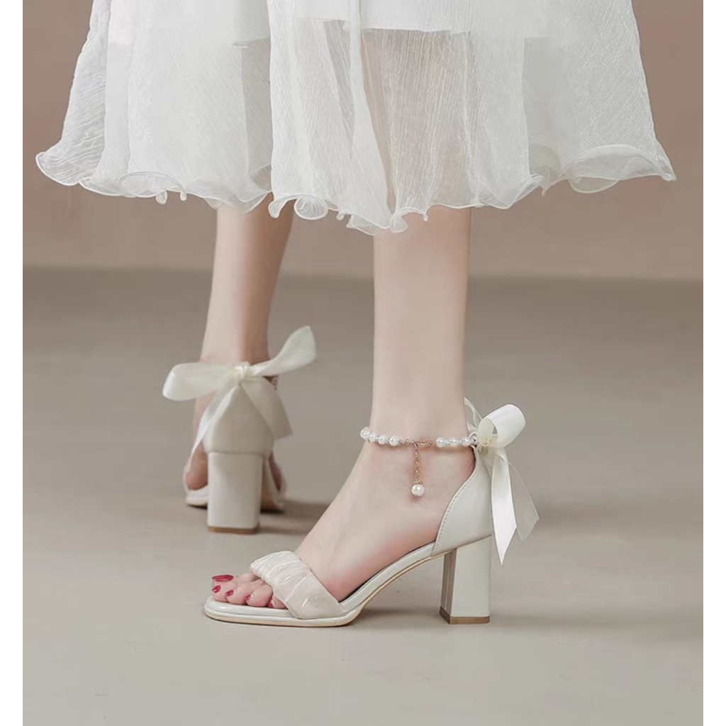 Giày cao gót nữ XGS104 đế vuông thắt nơ 7 phân quai ngọc thời trang