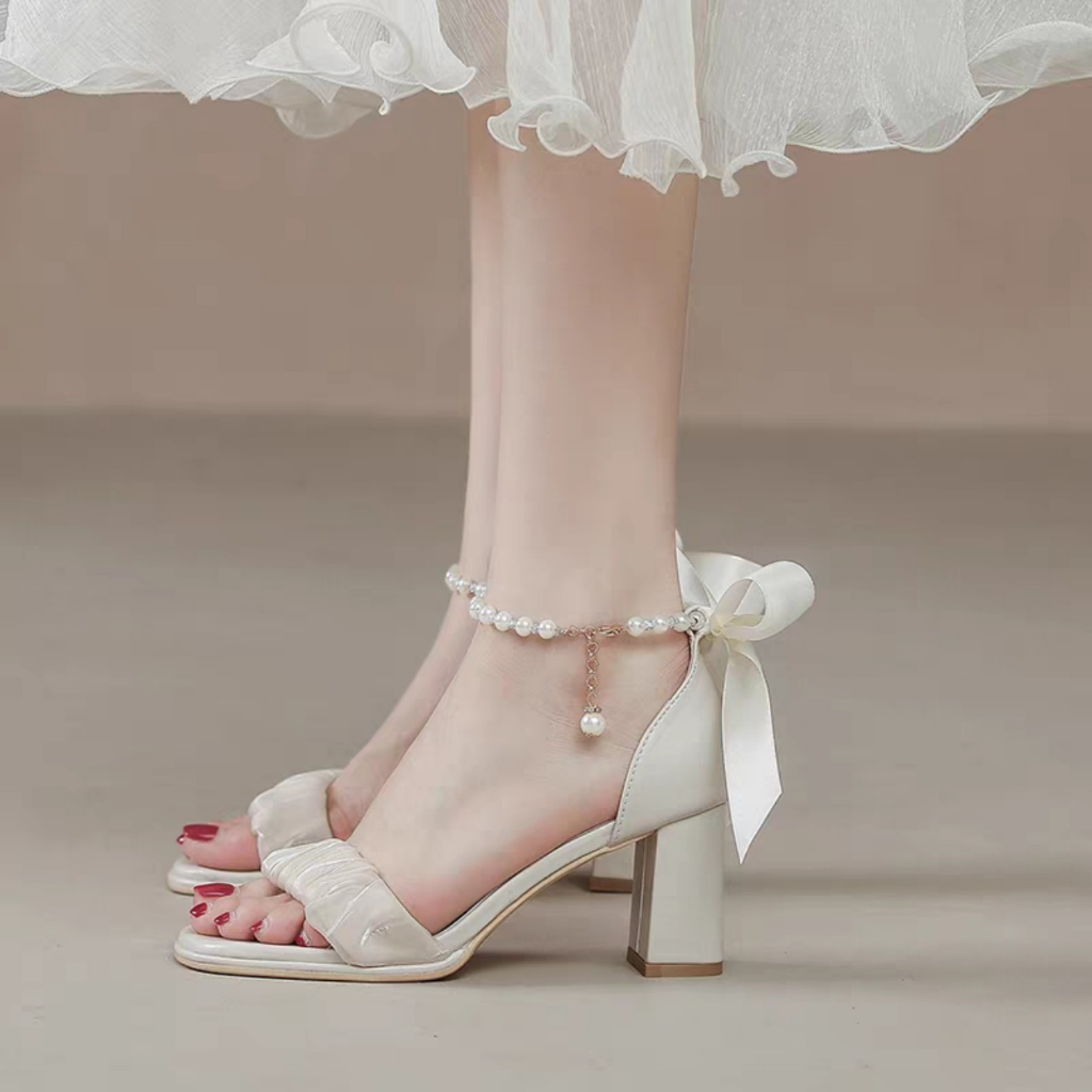 Giày cao gót nữ XGS104 đế vuông thắt nơ 7 phân quai ngọc thời trang