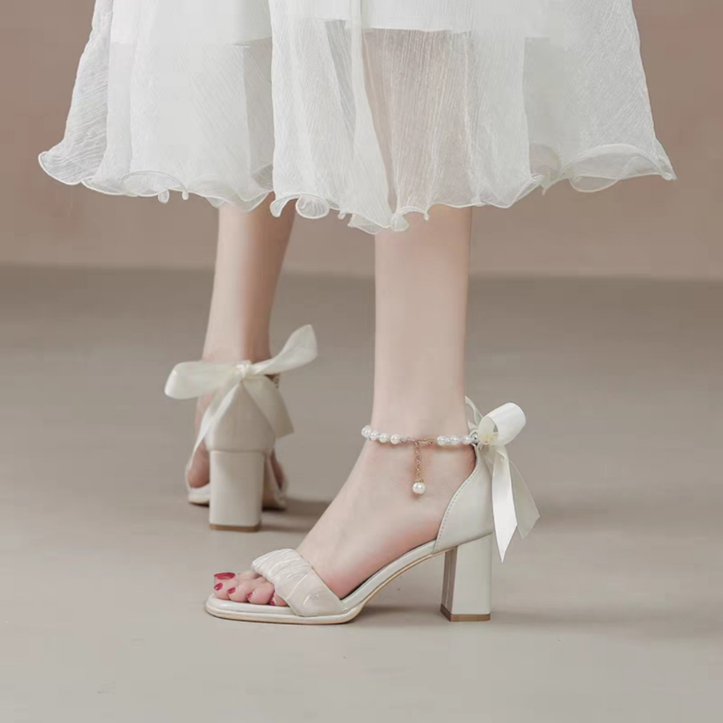 Giày cao gót nữ XGS104 đế vuông thắt nơ 7 phân quai ngọc thời trang