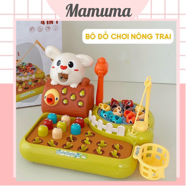 Đồ chơi nông trại vui vẻ 4in1 Funny Happy Farm tích hợp câu cá, nhổ cà rốt, đập chuột, bắt sâu, trồng củ cải Montessori