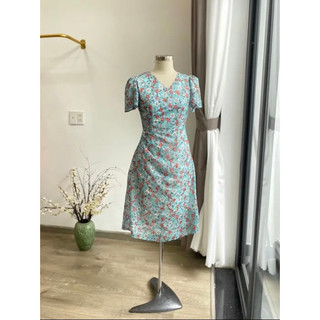 Đầm Hoa Cổ Chữ V Xếp Ly Eo