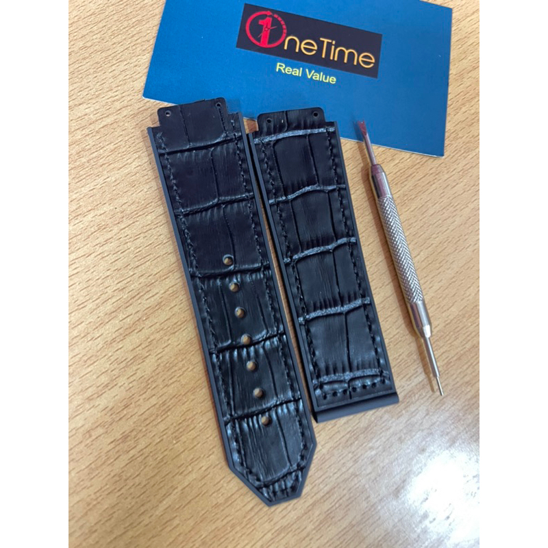 Dây đồng hồ HUB size 34, 38, 42 Nam và nữ lót da vân đen có logo,tặng tool thay dây