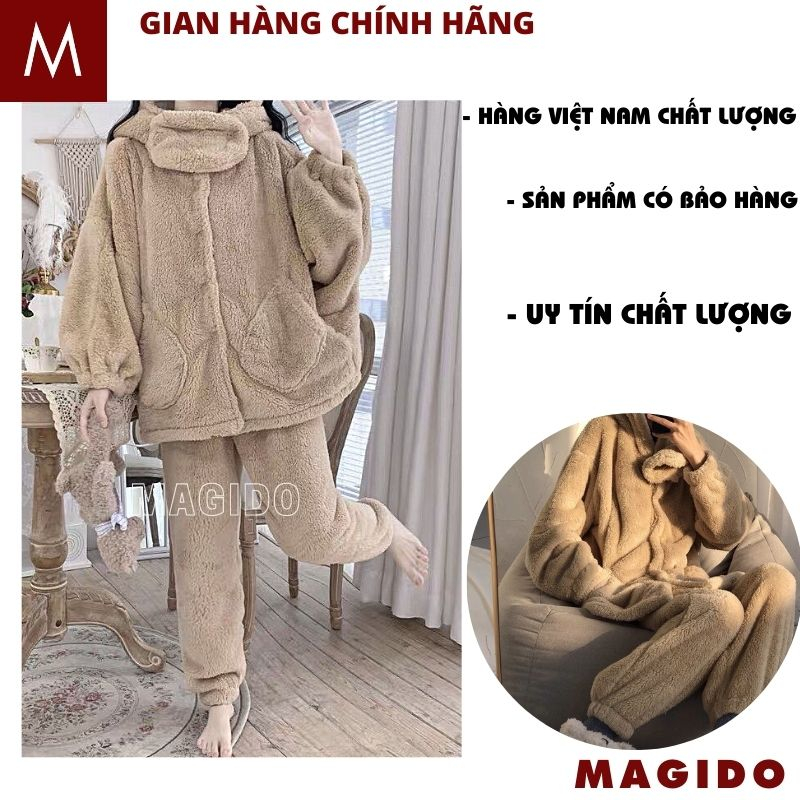 Set quần áo lông có mũ tai gấu đáp cổ - Bộ pyjama mặc nhà đáng yêu cute ấm áp mùa đông hot - MAGIDO BL09