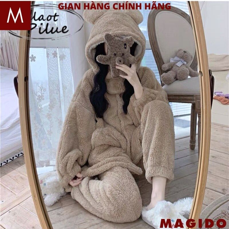 Set quần áo lông có mũ tai gấu đáp cổ - Bộ pyjama mặc nhà đáng yêu cute ấm áp mùa đông hot - MAGIDO BL09
