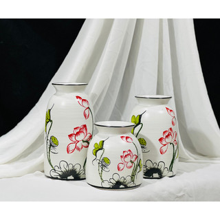 Bộ 3 Lọ hoa gốm sứ vẽ tay men mát trang trí nội thất decor - Gốm Sứ Bát Tràng