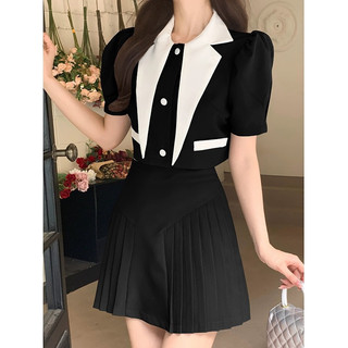 Set áo cổ vest vạt nhọn + chân váy cạp cao xếp ly có lót hàng QCCC