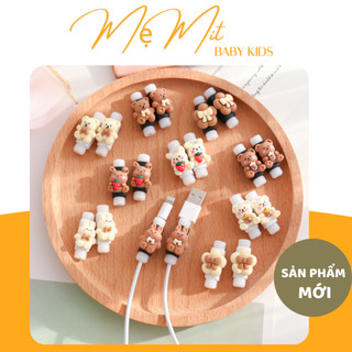 Set 2 chiếc bảo vệ đầu cáp sạc điện thoại, bảo vệ dây sạc, tai nghe hình gấu cute mã PK007