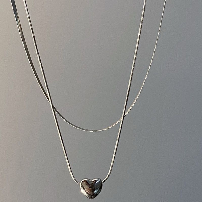 Dây Chuyền Kép Sợi Mì Mặt Tim Màu Bạc - TS1746 - BCorner