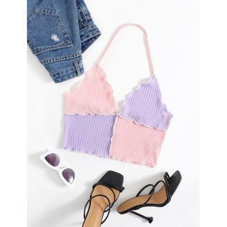 [ORDER SHEIN] Áo Dây Buộc Cổ Phối 2 Màu Pastel
