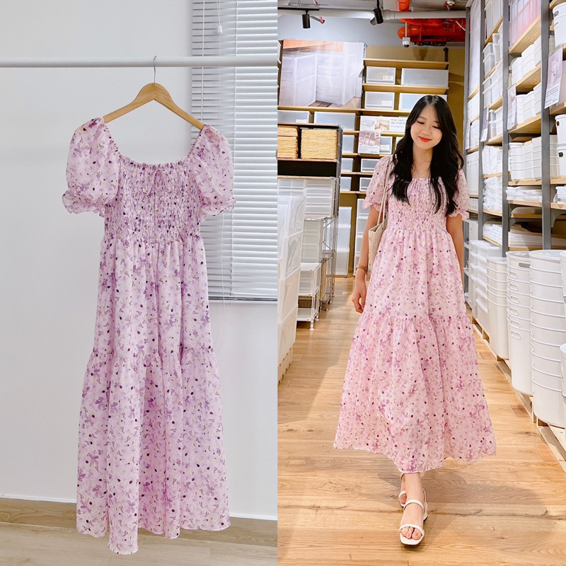 Đầm Dài Nhún Chun Tay Phồng D01 - Gracie Dress