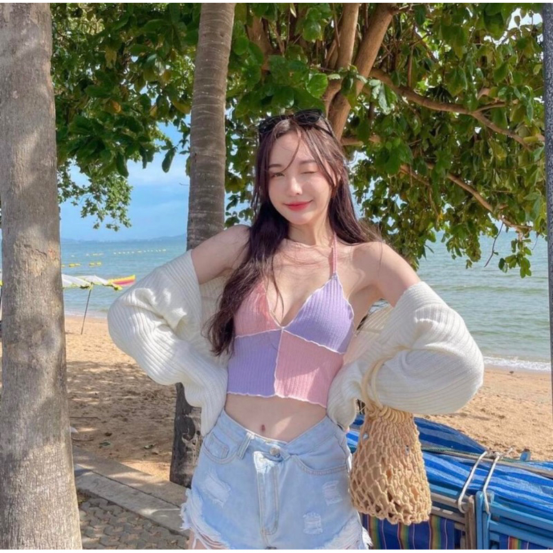 [ORDER SHEIN] Áo Dây Buộc Cổ Phối 2 Màu Pastel