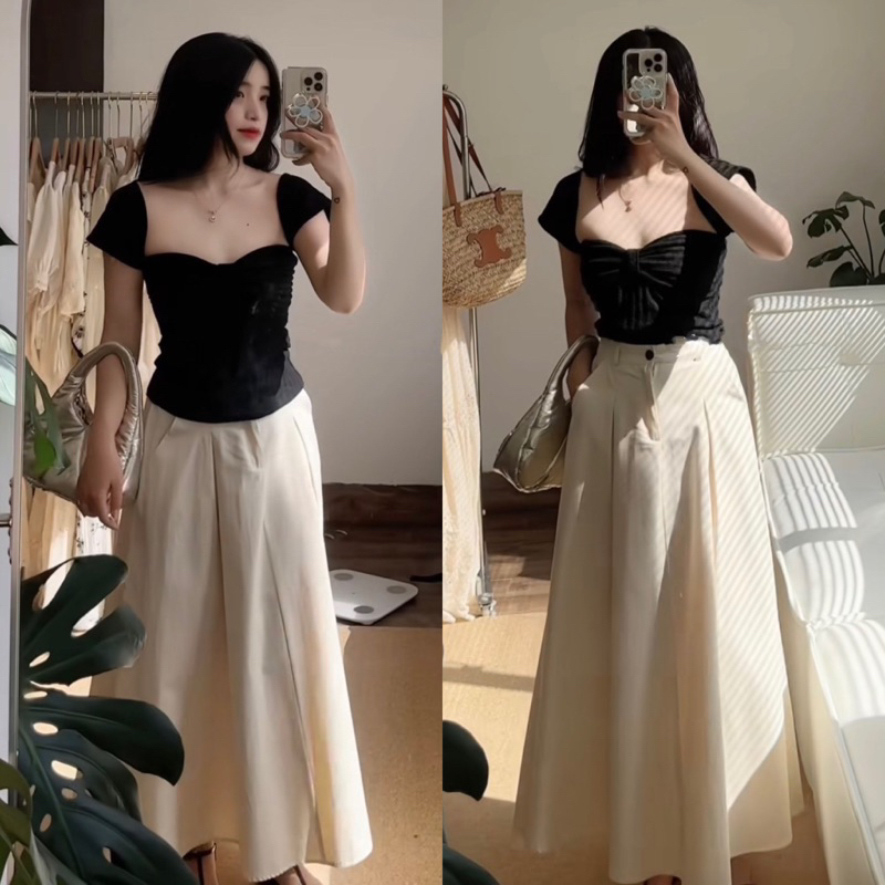 Set áo gân xốp nơ ngực cổ vuông kèm chân váy nhung lì dáng dài