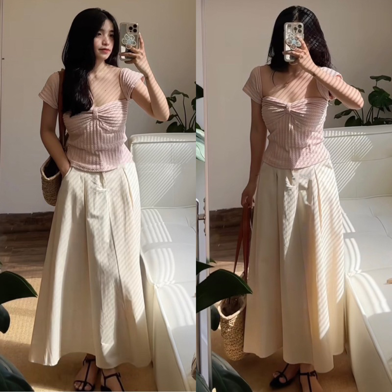 Set áo gân xốp nơ ngực cổ vuông kèm chân váy nhung lì dáng dài