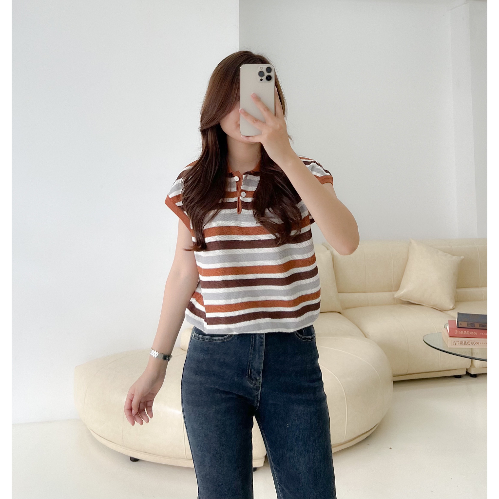 Polo len sọc nâu tay cánh hến - BST23