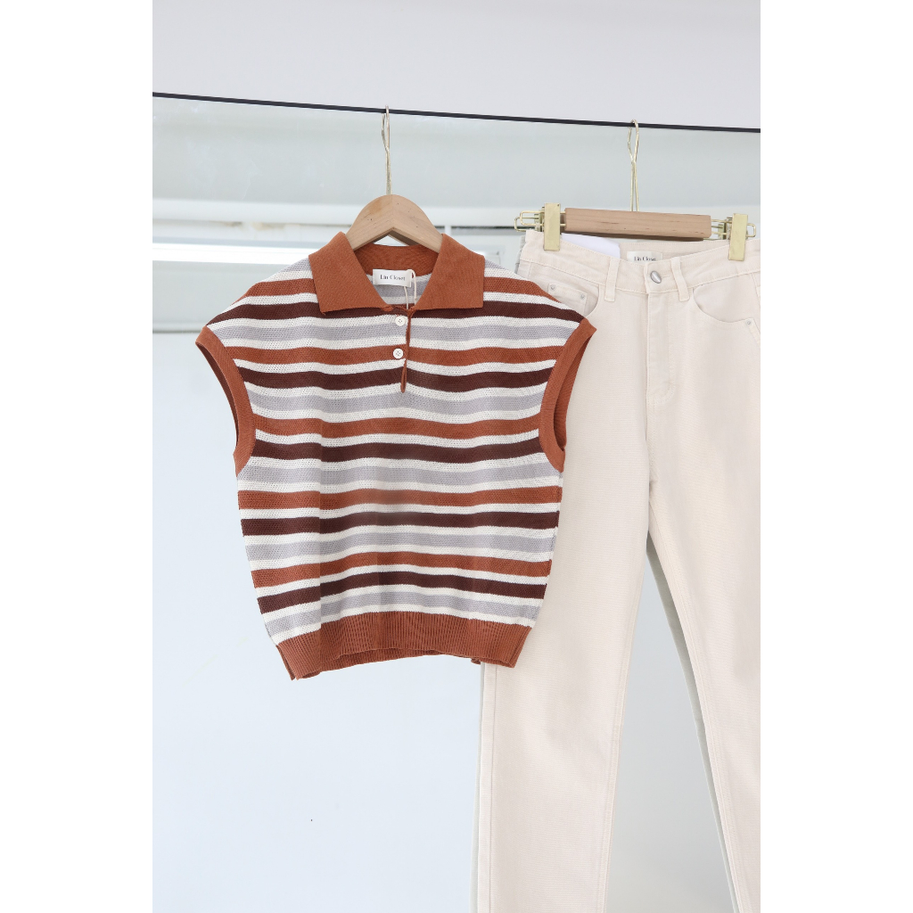 Polo len sọc nâu tay cánh hến - BST23