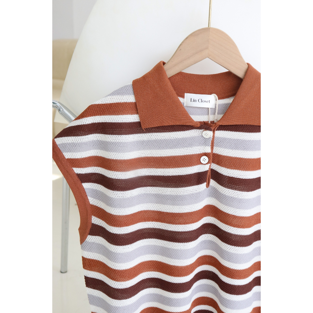 Polo len sọc nâu tay cánh hến - BST23