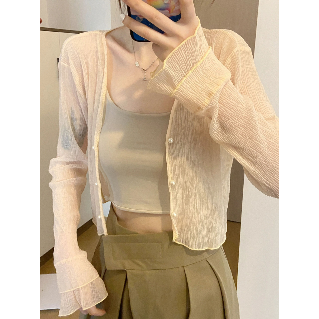 Áo khoác len Montoghi gân NÚT NGỌC TAY BÈO phối 2 tầng xinh xắn