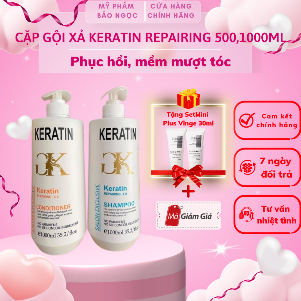 Dầu Gội Xả Keratin Repairing 500ml, 1000ml Phục hồi hư tổn, giúp tóc mềm mượt Hàng Chính Hãng