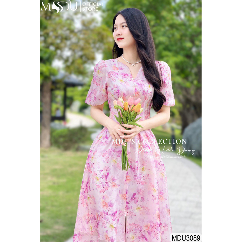 MDU3089 Váy chất tơ Hàn cao cấp 2 lớp co giãn nhẹ mềm mịn, thoáng vải, dáng xòe nhẹ bay bổng