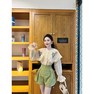 Set áo kem hoa thêu ren bèo cổ sen to + quần short xanh cốm angi home