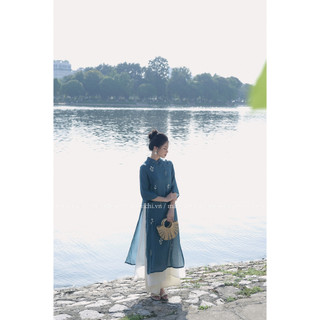 Áo dài nhã lam xanh cổ vịt