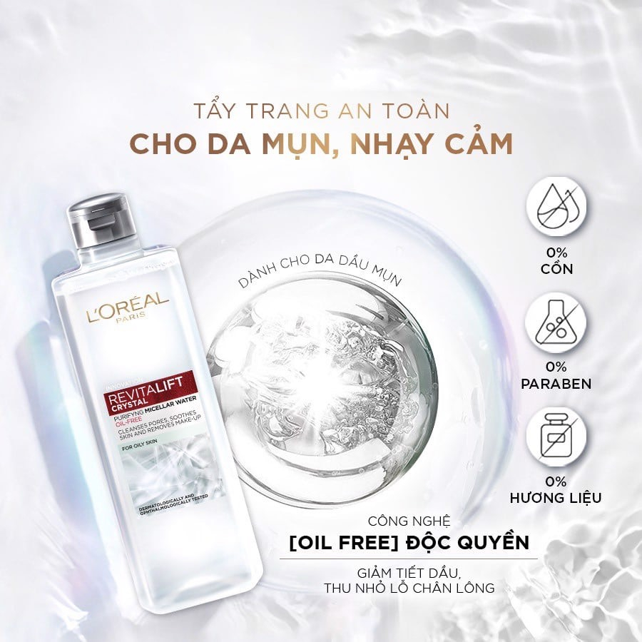 Nước Làm Sạch & Tẩy Trang L'Oréal Paris Dành Cho Da Dầu Revitalift Crystal Purifying Micellar Water