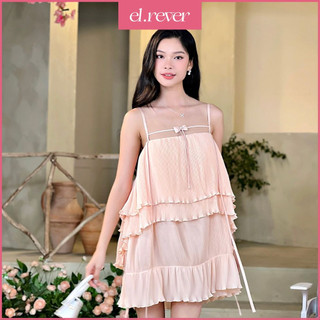 ELRÊVER - Đầm dây nơ dập ly xếp tầng nữ tính - Màu cam hồng - 0723D75