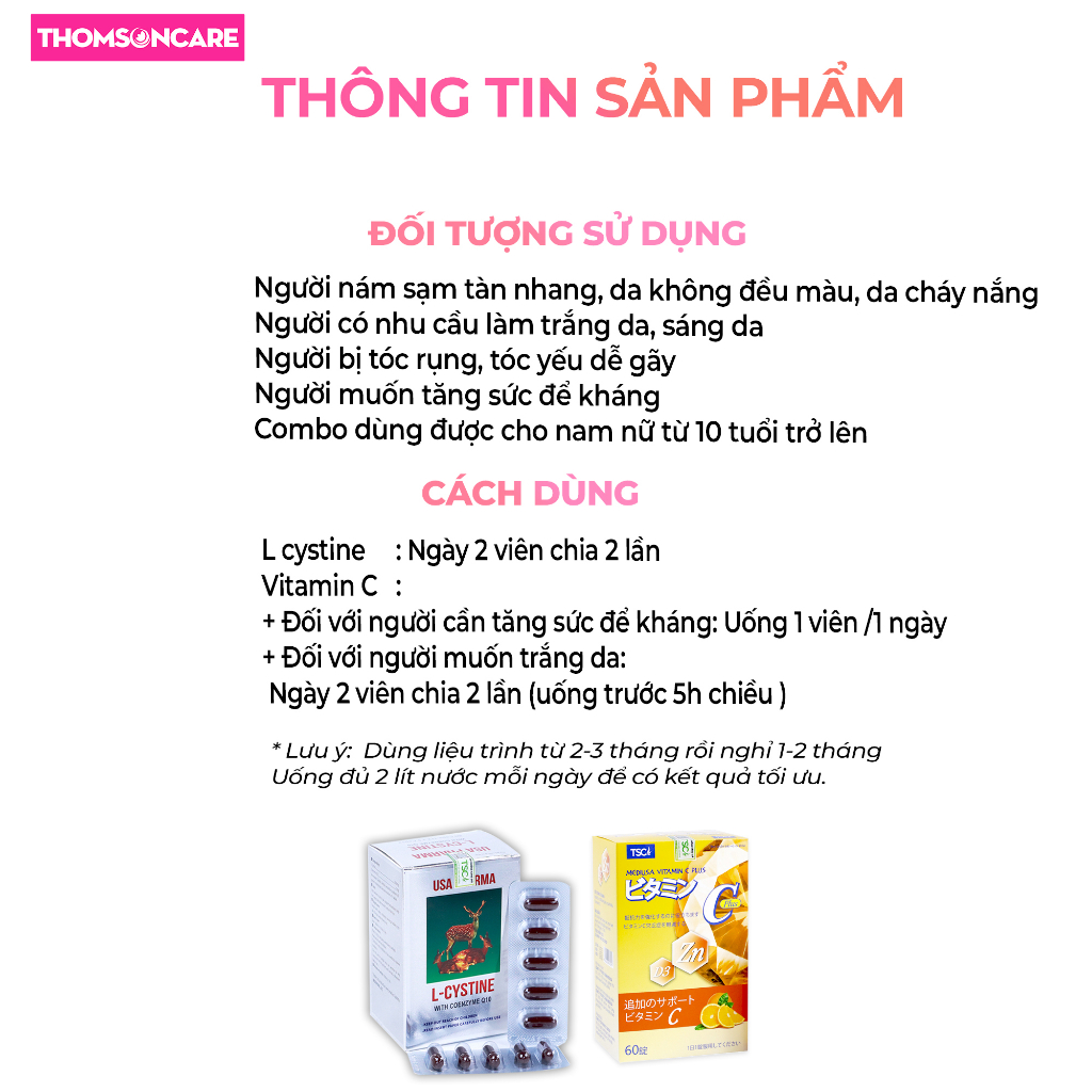 Combo trắng da Lcystine Vitamin C có thêm Kẽm Mediusa Liệu trình 2 tháng - giúp đẹp da, ngừa mụn lsystine - Thomsoncare