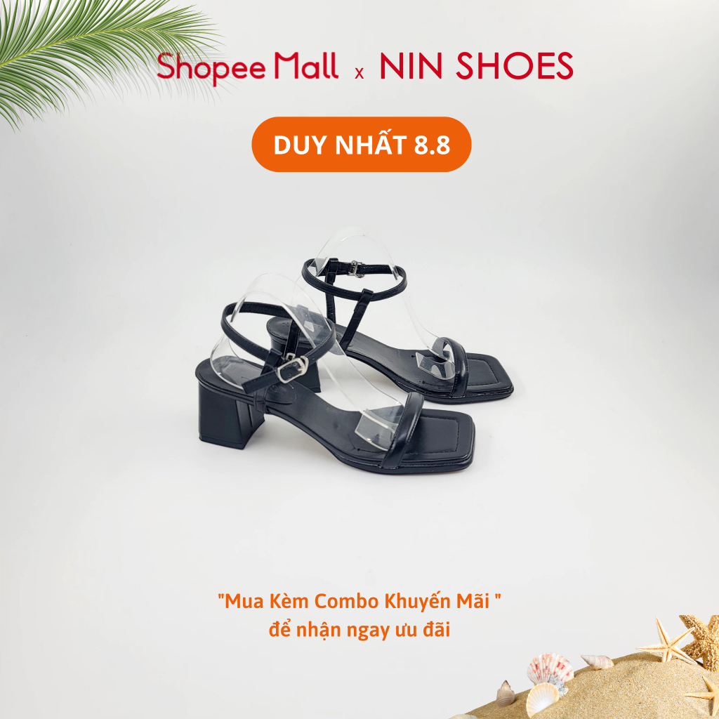 Sandal nữ Ninshoes cao gót 3 phân mũi vuông đế vuông quai bóng tiện lợi