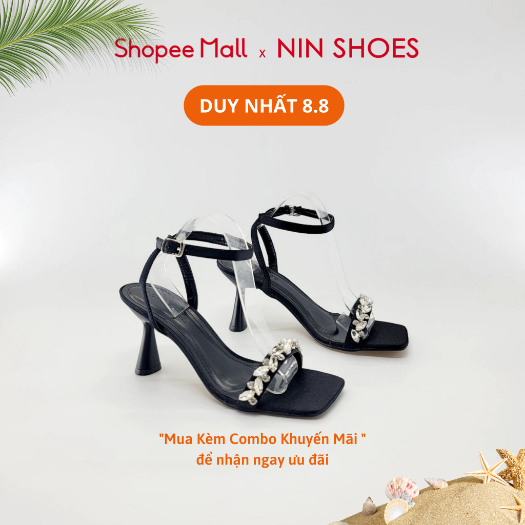 Sandal đính đá nữ Ninshoes gót nhọn 6 phân mũi vuông đế bầu quai cài hở sau