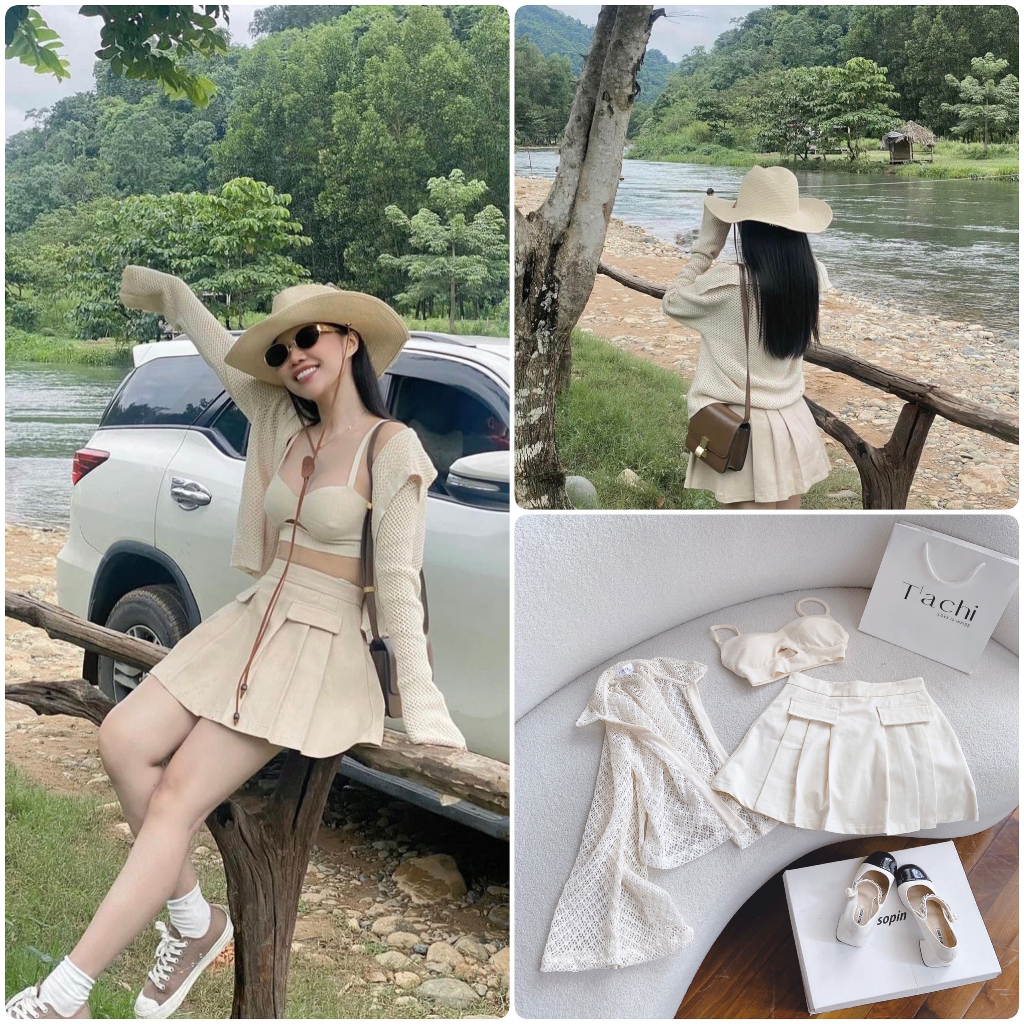 SET 3 MÓN NUDE KHOÁC REN LỖ KÈM BRA + CHÂN VÁY XẾP LY
