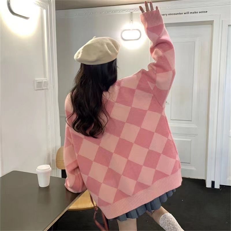 Áo Khoác Len Dáng Dài From Rộng Kiểu Dáng Cổ Bẻ Họa Tiết Hình Thoi Túi Hoạt Hình Siêu Cute Phù Hợp Với Mọi Lứa Tuổi