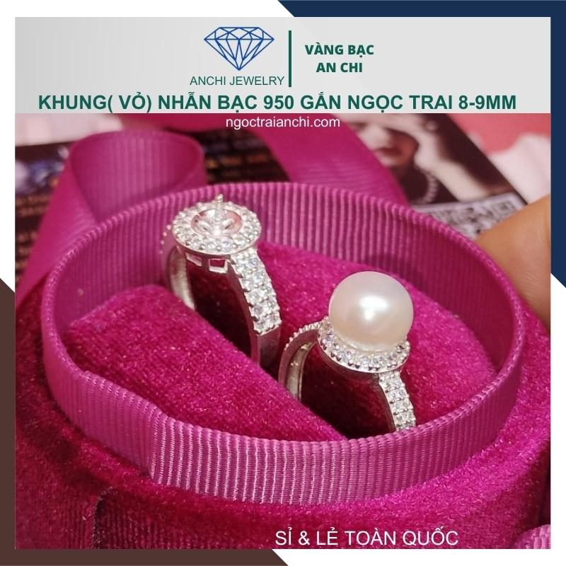 Khung / phôi / vỏ nhẫn bạc 950 đính hạt trai 8mm - 9mm , Anchi jewelry