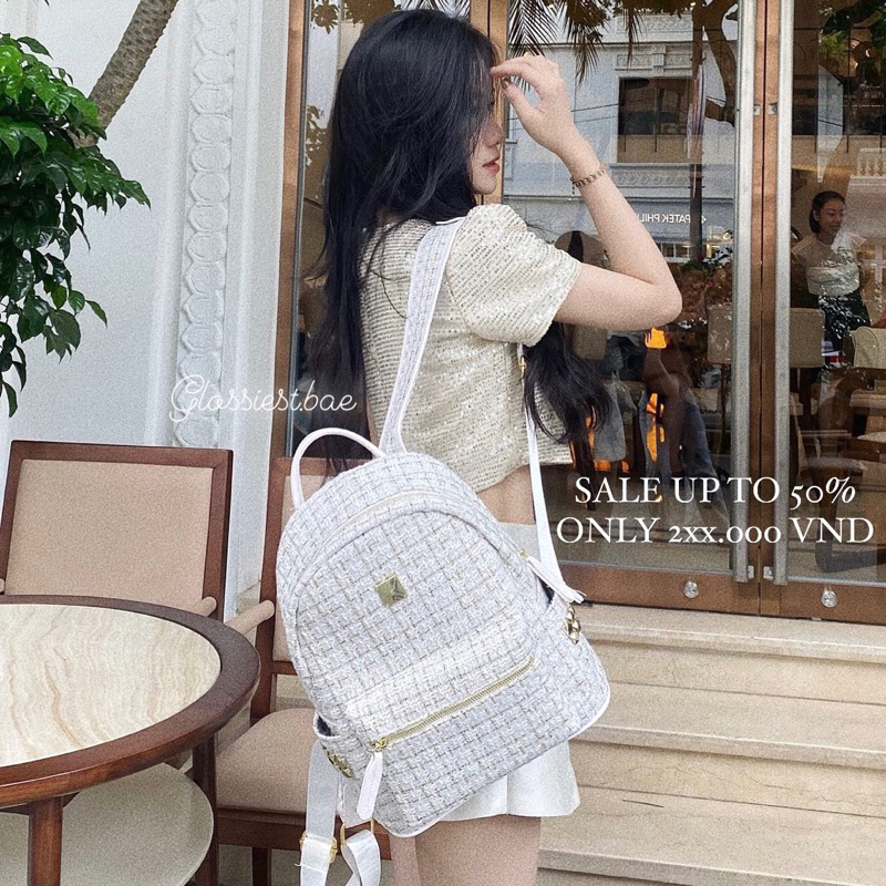 TWEED BACKPACK TRẮNG  - BALO DẠ TWEED KÈM MÓC KHOÁ DA HÌNH CÚN