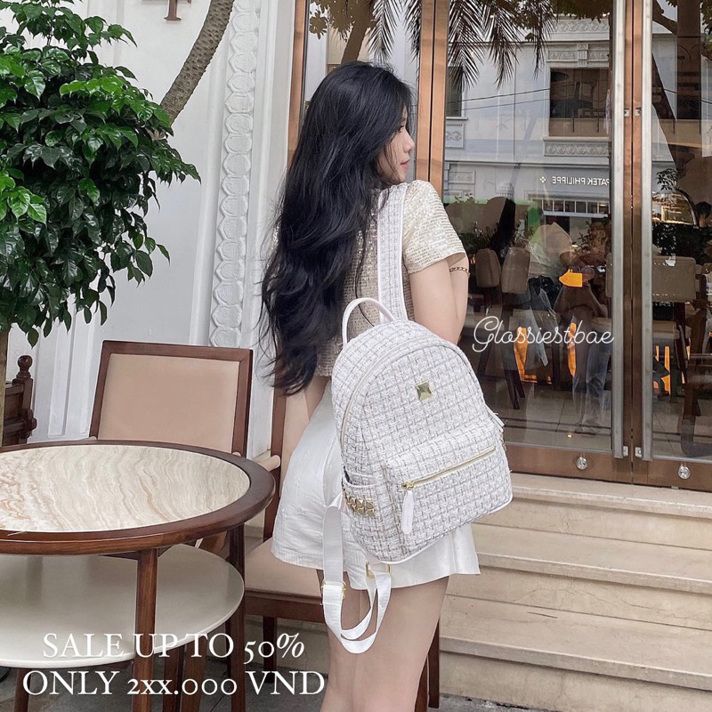 (CÓ SẴN )TWEED BACKPACK TRẮNG - BALO DẠ TWEED KÈM MÓC KHOÁ DA HÌNH CÚN
