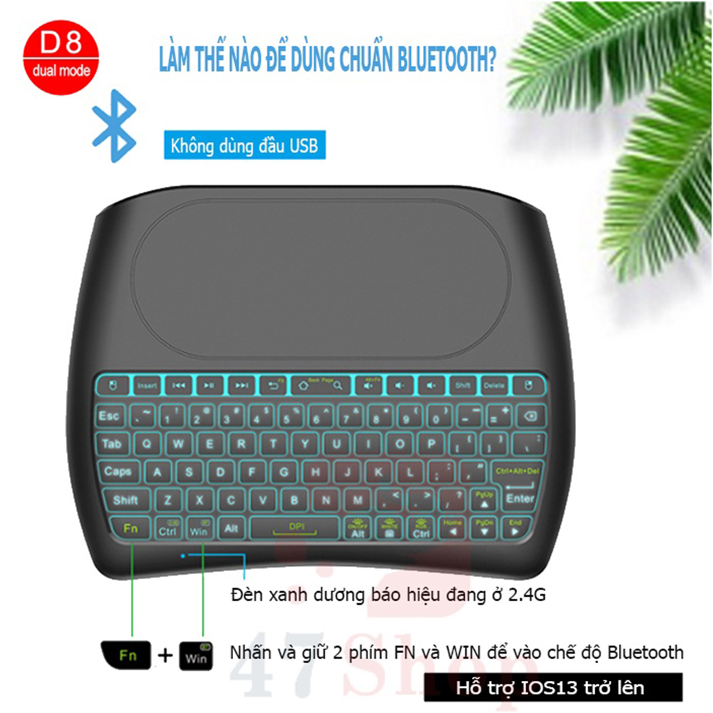 Bàn phím không dây 2.4G + Bluetooth D8 mini kèm chuột có đèn Led 7 màu tích hợp