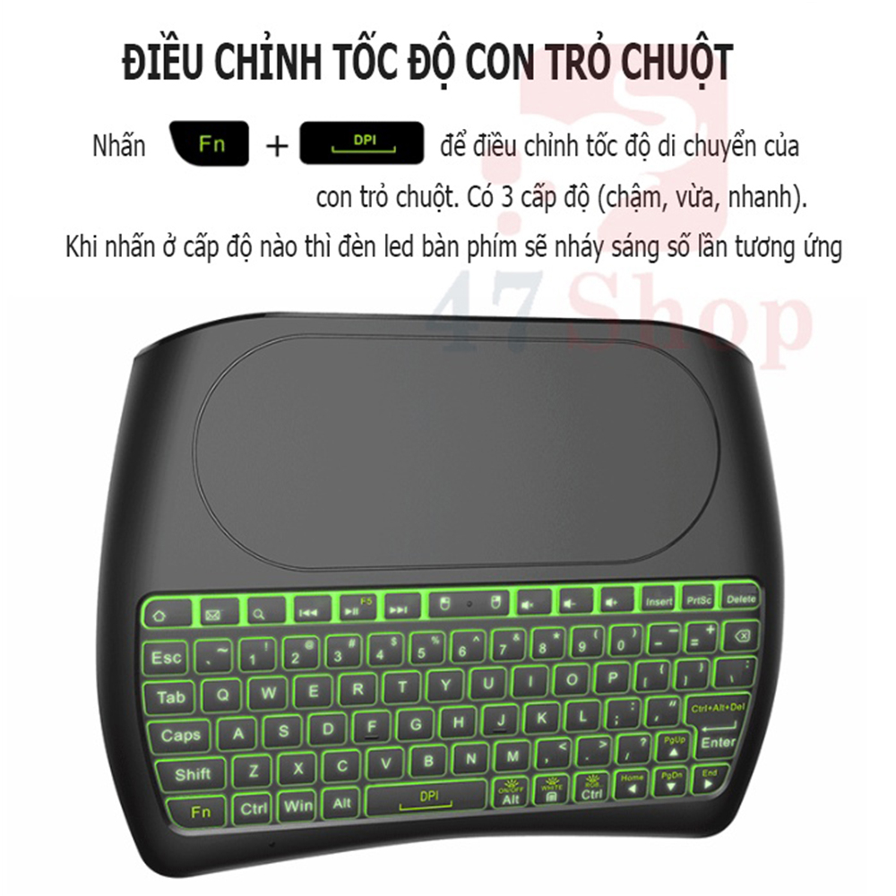 Bàn phím không dây 2.4G + Bluetooth D8 mini kèm chuột có đèn Led 7 màu tích hợp