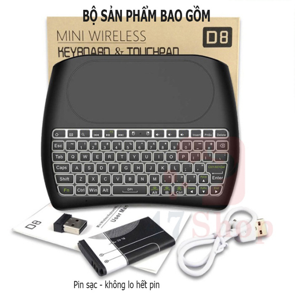 Bàn phím không dây 2.4G + Bluetooth D8 mini kèm chuột có đèn Led 7 màu tích hợp