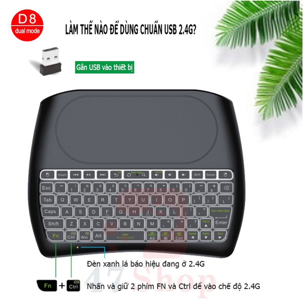 Bàn phím không dây 2.4G + Bluetooth D8 mini kèm chuột có đèn Led 7 màu tích hợp