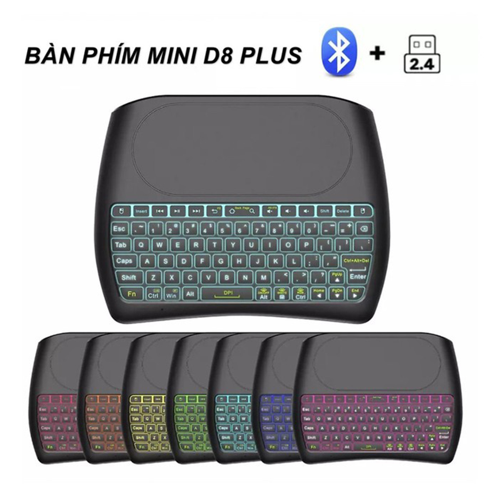 Bàn phím không dây 2.4G + Bluetooth D8 mini kèm chuột có đèn Led 7 màu tích hợp