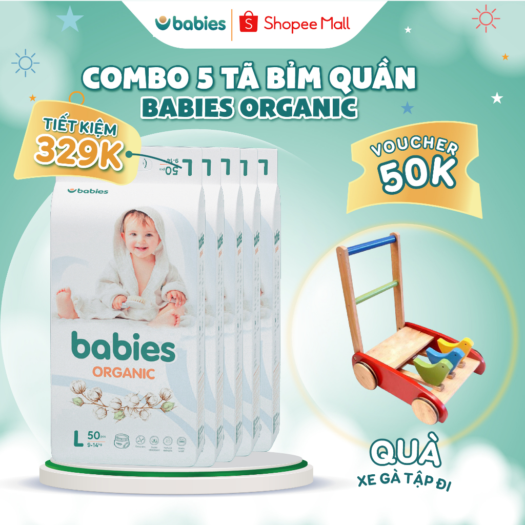 Combo 5 Bịch Tã Bỉm Quần Babies Organic có đủ size thương hiệu Việt thấm hút cực nhanh, chống tràn, siêu mềm mịn cho bé