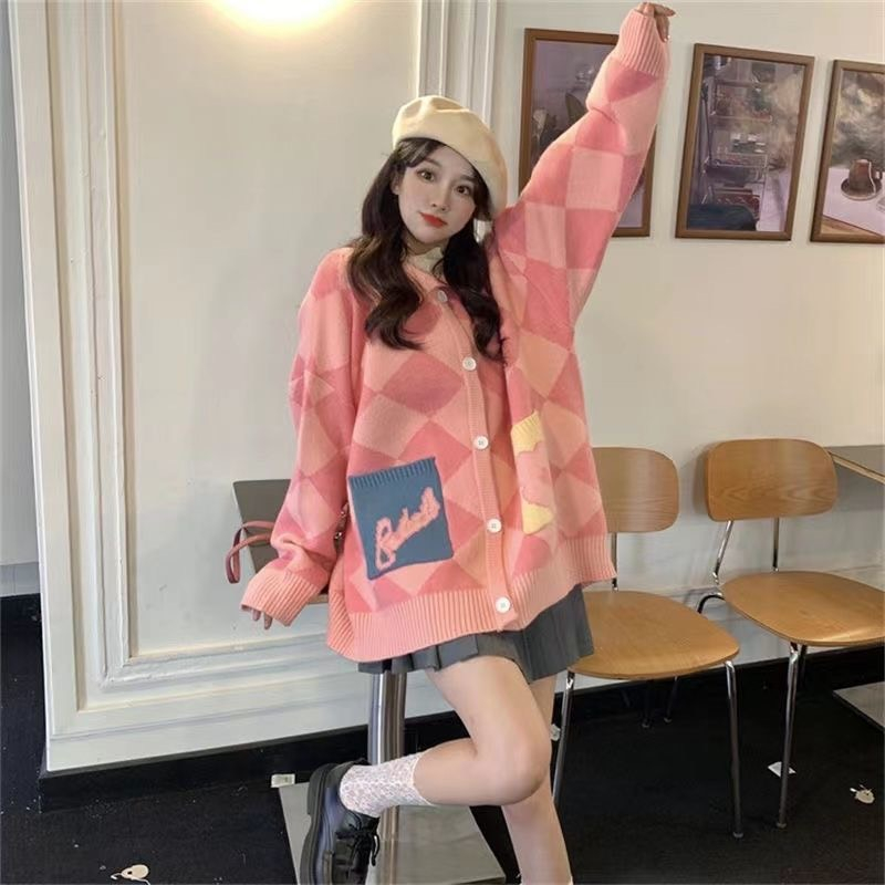 Áo Cadigan Dáng Dài, Áo Khoác Len From Rộng Bigsz Phong Cách Đáng Yêu Họa Tiết Hình Thoi Túi Hoạt Hình Hàng Qccc Shopqua