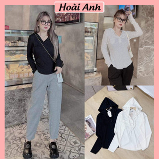 Áo Len Tăm Trơn Dài Tay Có Mũ Cúc Cổ Áo Tăm Dáng Ôm Túi Ngực Freesize