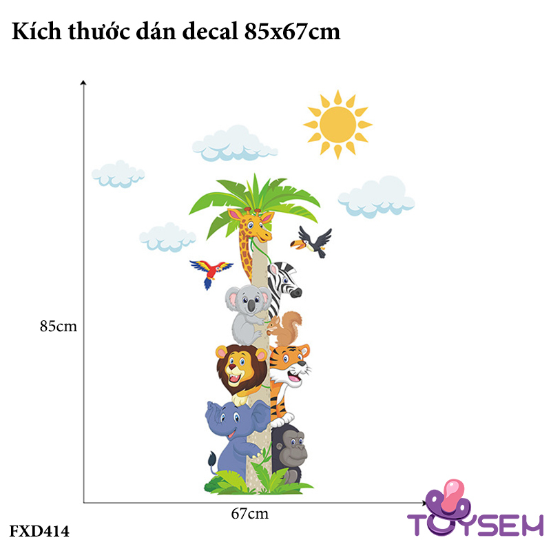 Decal trang trí cây dừa và con thú họa tiết hoạt hình dễ thương trang trí phòng bé, trường mầm non - Quà tặng sinh nhật