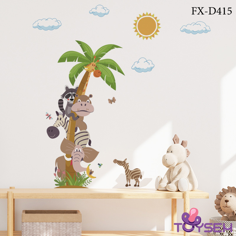 Decal trang trí cây dừa và con thú họa tiết hoạt hình dễ thương trang trí phòng bé, trường mầm non - Quà tặng sinh nhật