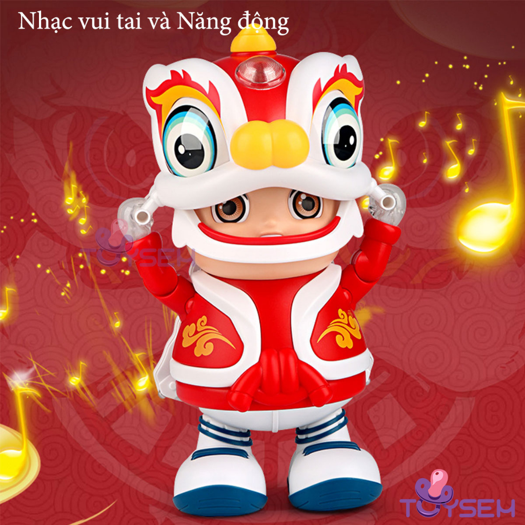 Đồ chơi bé múa lân lắc đầu có đèn và nhạc xoay di chuyển vui nhộn - Quà tặng trung thu, sinh nhật cho bé