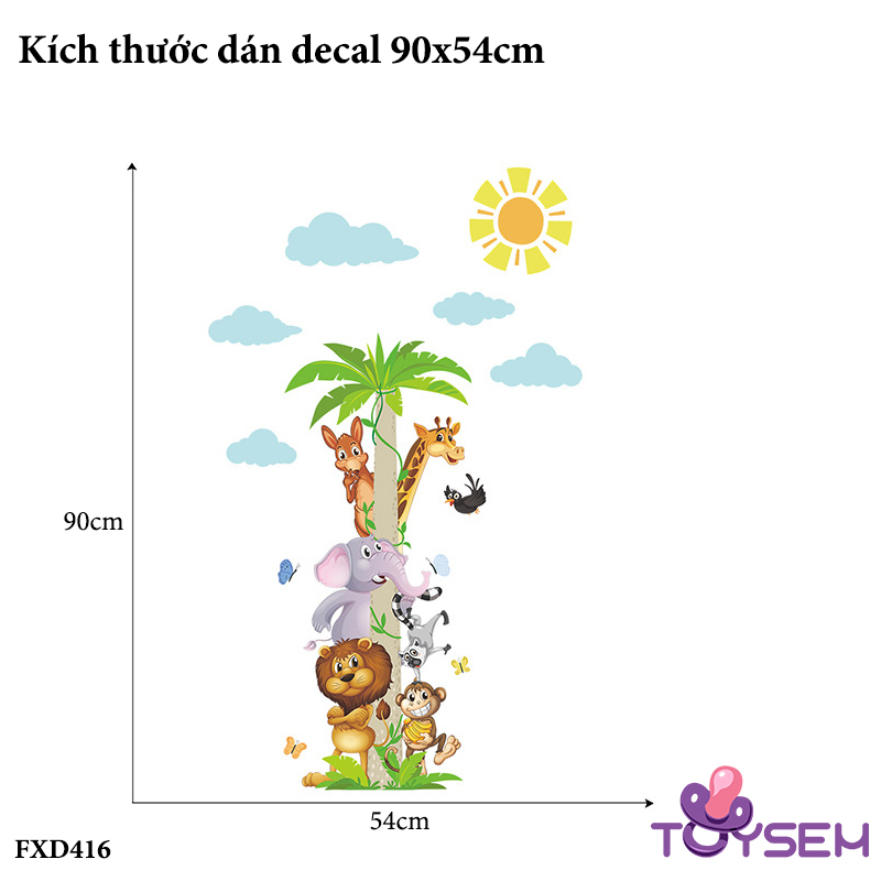 Decal trang trí cây dừa và con thú họa tiết hoạt hình dễ thương trang trí phòng bé, trường mầm non - Quà tặng sinh nhật